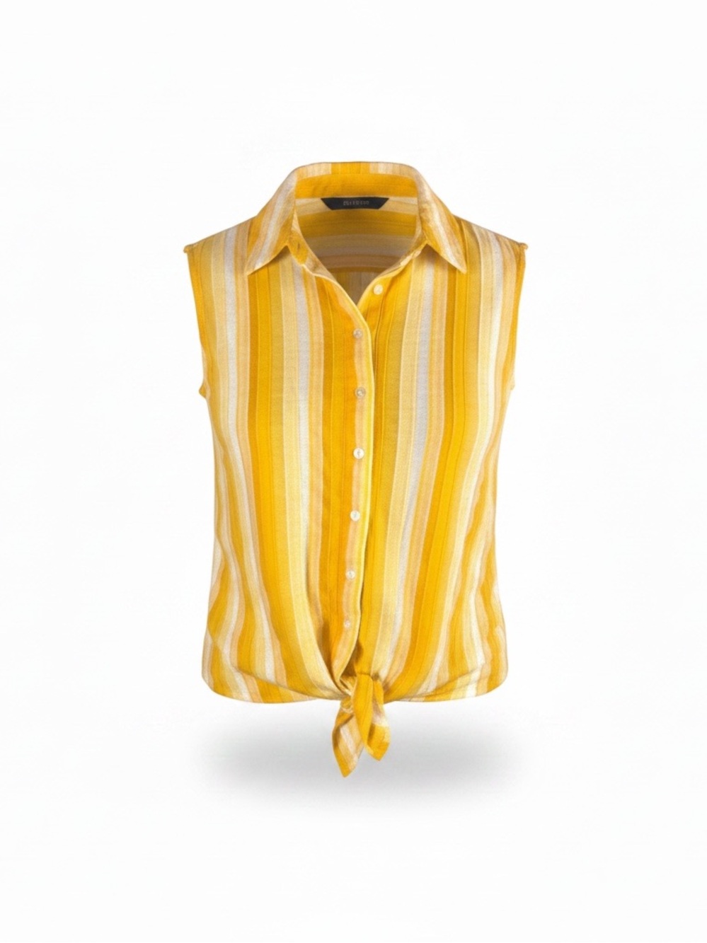 Rain M yellow/white stripe collared sleeveless button up tied hem‎ top